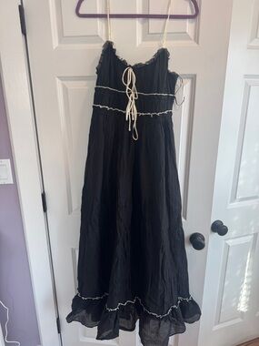 Black Maxi Sundress with Contrast Trim and Tie Straps